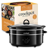 Black Crockpot slow cooker with packaging in the background